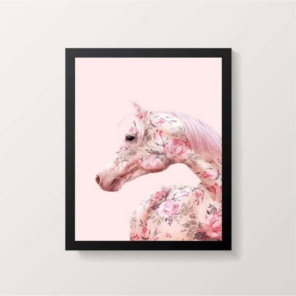 Quadro Cavalo Rosa Com Flores 45X34 Com Vidro Preta