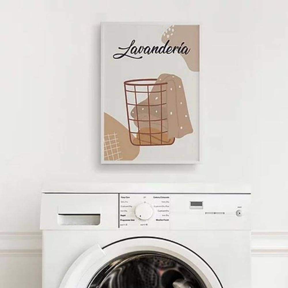 Quadro Para Lavanderia Cesto Roupas 33X24Cm - Madeira Branca