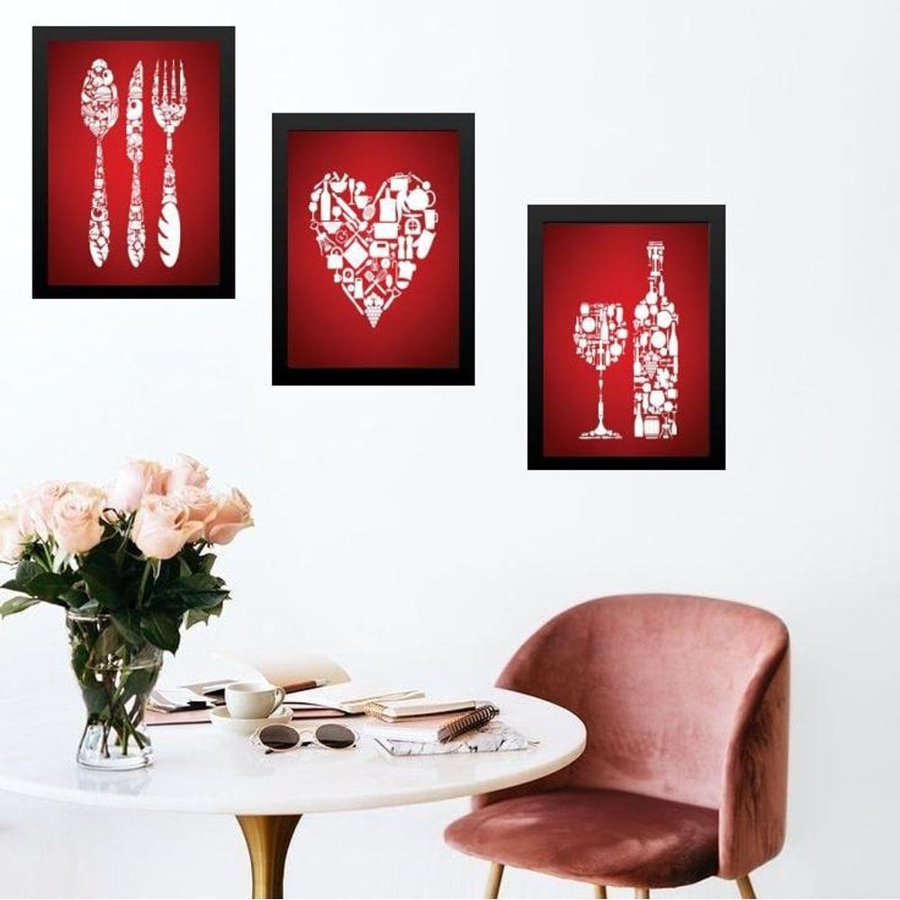 Kit 3 Quadros Para Cozinha Vermelha 33X24Cm - Com Vidro
