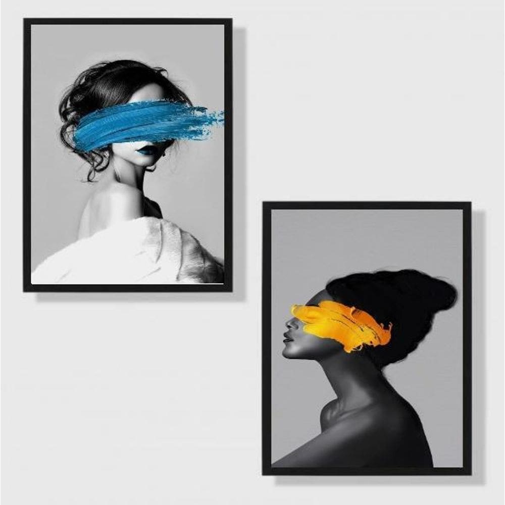 Kit 2 Quadros Mulheres Com Tinta Azul E Amarelo 24X18 Preta