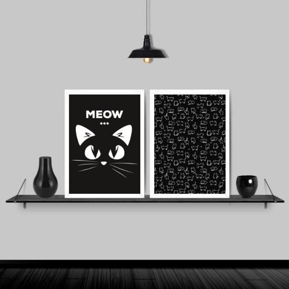 Kit 2 Quadros Gatinho Meow Preto E Branco 45X34Cm Branca