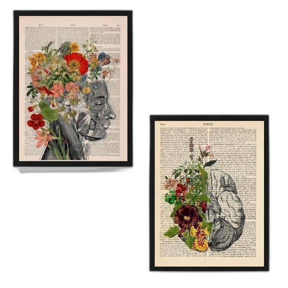 Kit 2 Quadros Psiquiatria Cérebro Flores 45X34Cm Vidro Preta