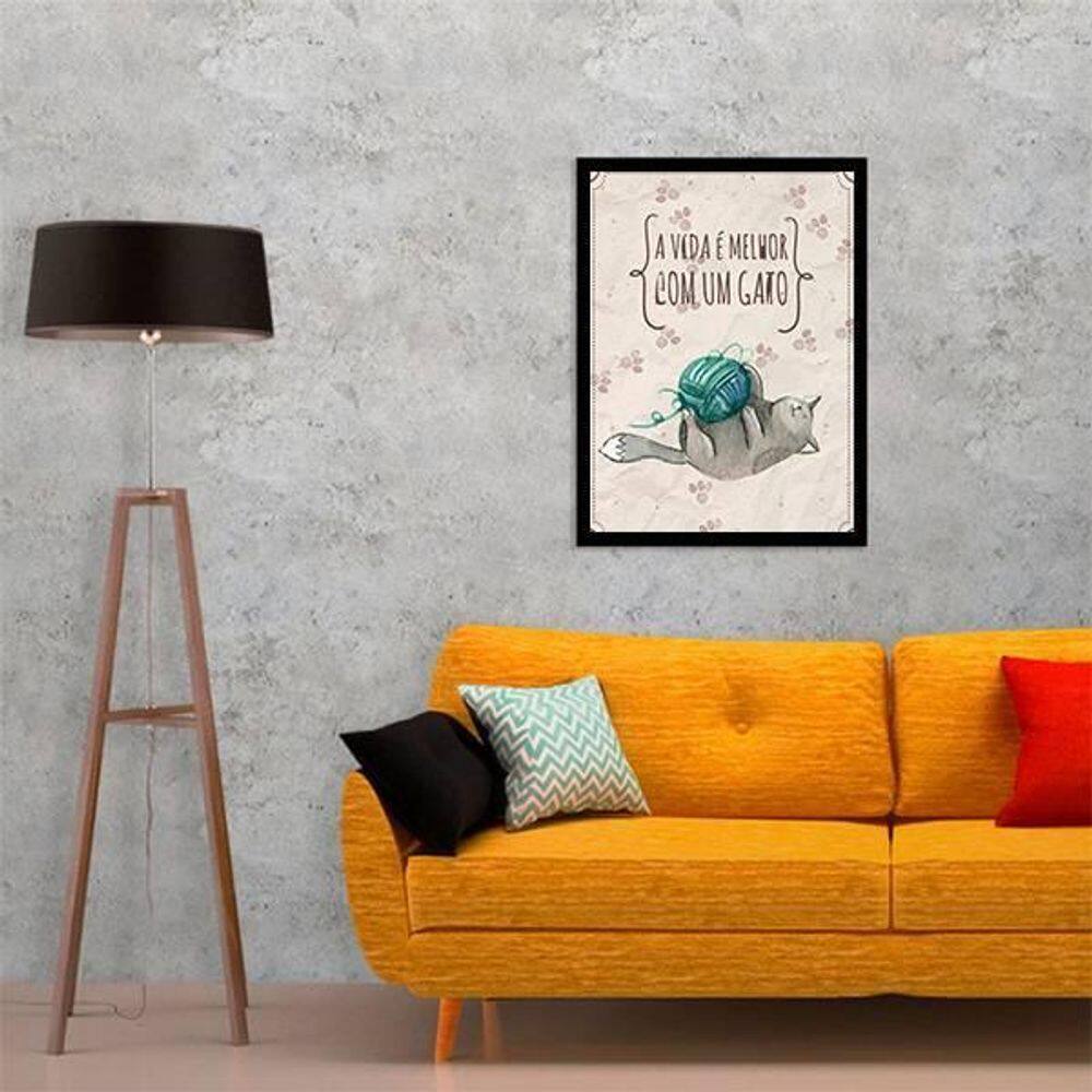 Quadro A Vida É Melhor Com Um Gato 24X18 Com Vidro - Preta
