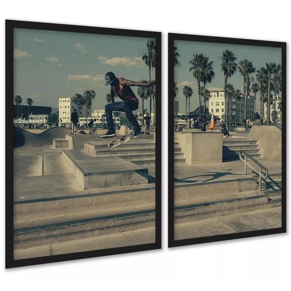 Kit 2 Quadros Skate Skatista Flip Manobra 33X24Cm
