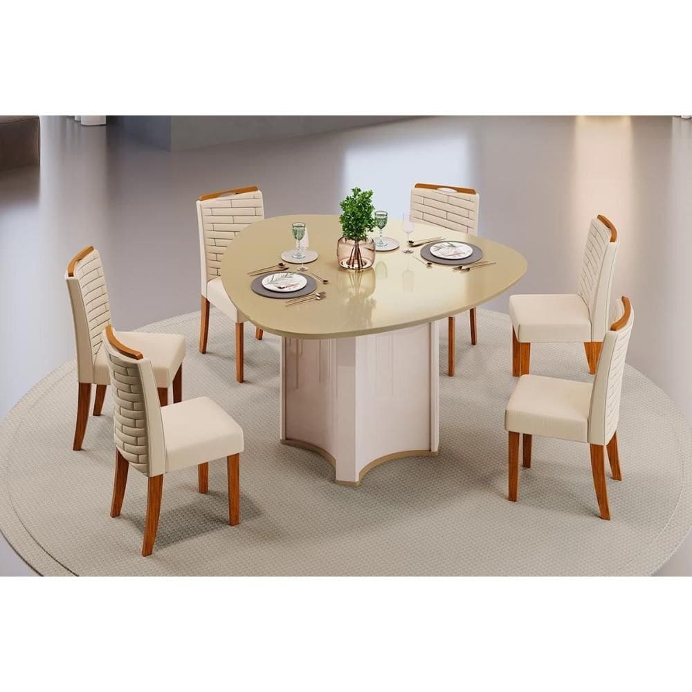 Conjunto: Mesa de Cozinha Chanel c/ Tampo Madeirado c/ Vidro Orgânico 136x136cm e 6 Cadeiras Julia Off White/Dourado - Freijo/Linho Neve - DJ Móveis