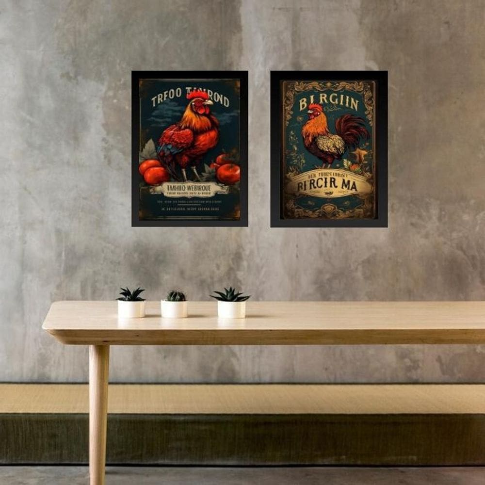Kit 2 Quadros Cozinha Galo Galinha Vintage 33X24Cm - Vidro