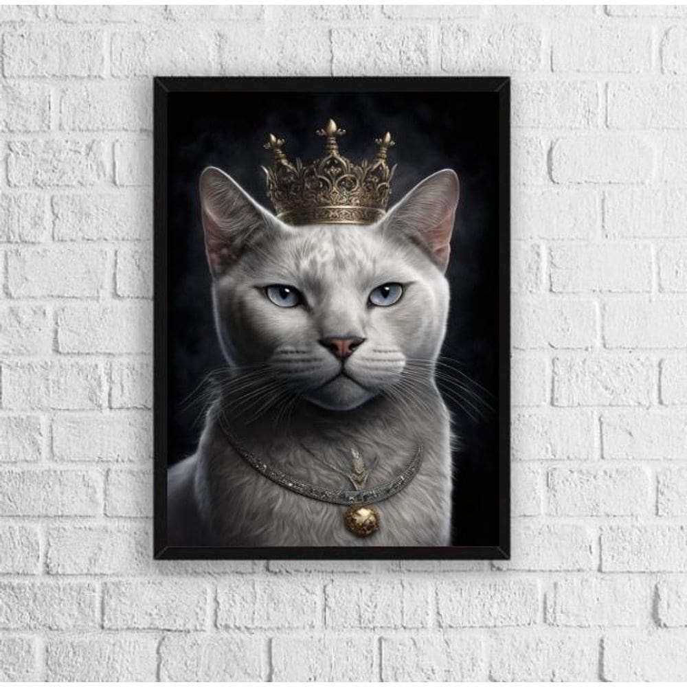 Quadro Gato Branco Com Coroa 45x34cm - Madeira Preta