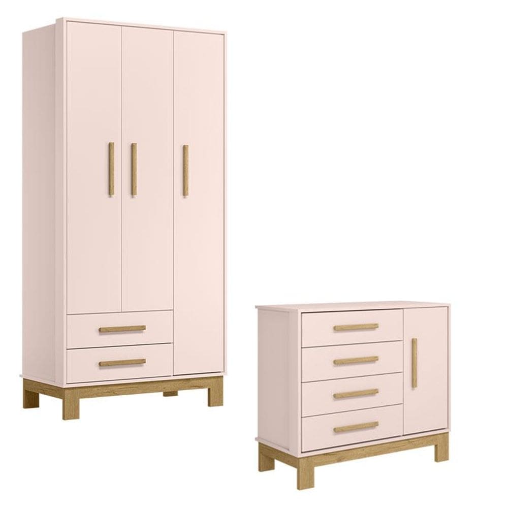 Guarda Roupa 4340 e Cômoda 4355 Q Encanto Slim Rosa Acetinado - Qmovi