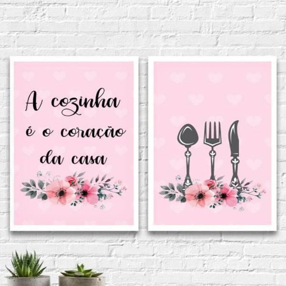Kit 2 Quadros Cozinha Coração Da Casa Rosa 45X34Cm