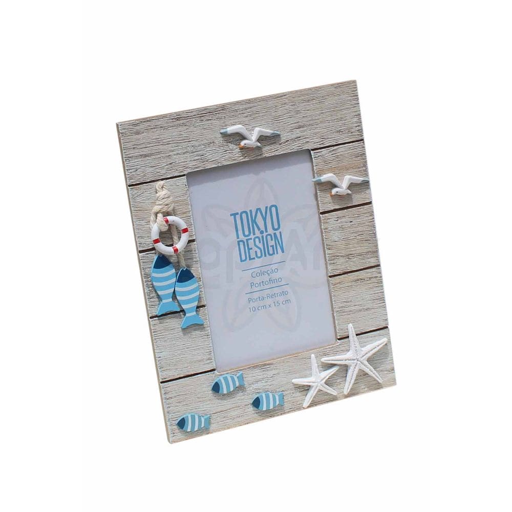 Porta Retrato em Madeira Foto 10x15 Maritimo Estrelas Peixes
