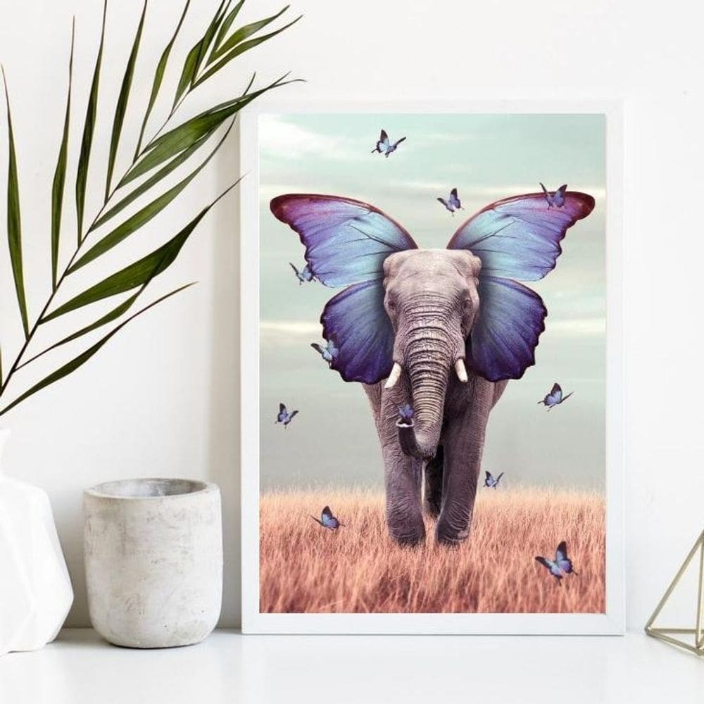 Quadro Decorativo Elefante Borboleta Azul 33x24cm