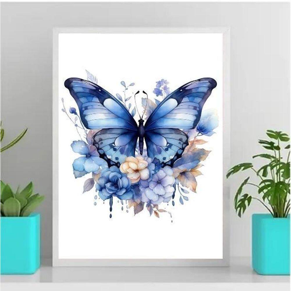 Quadro Decorativo Borboleta Azul Aquarela 33x24cm - Vidro