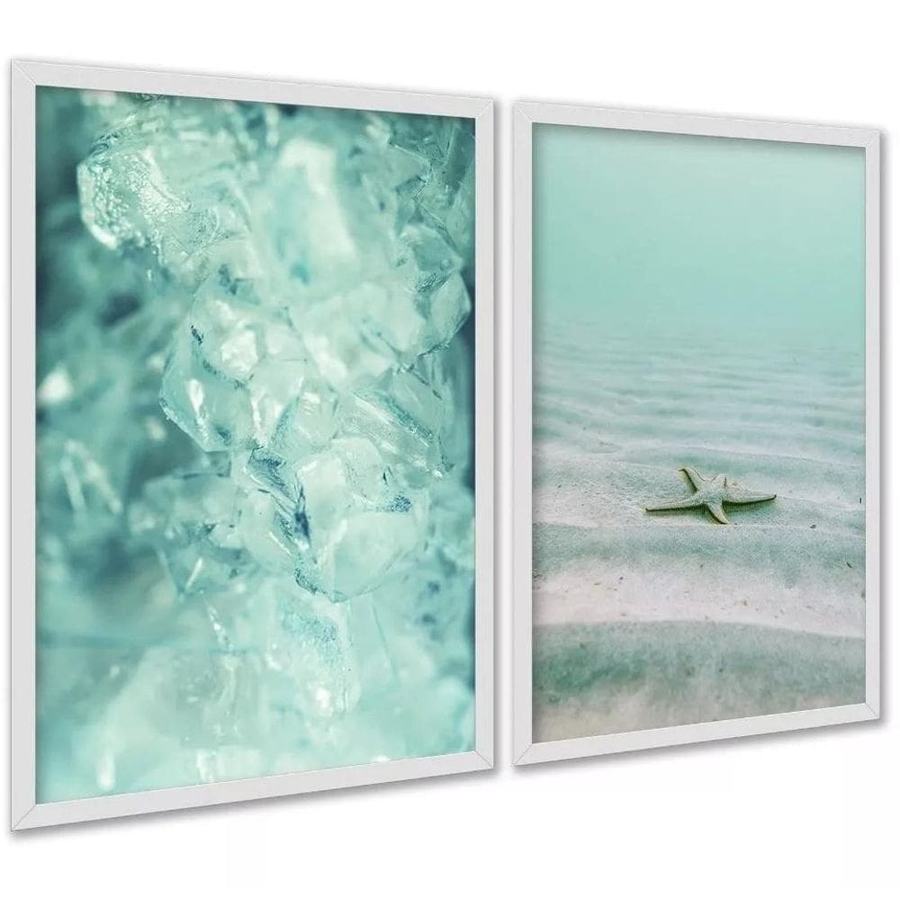 Kit 2 Quadros Verde Água Cristal Estrela Do Mar 33X24Cm