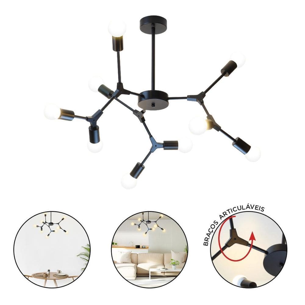 Lustre Pendente Twig Hastes 9 Lâmpadas Sputnik Preto Vintage