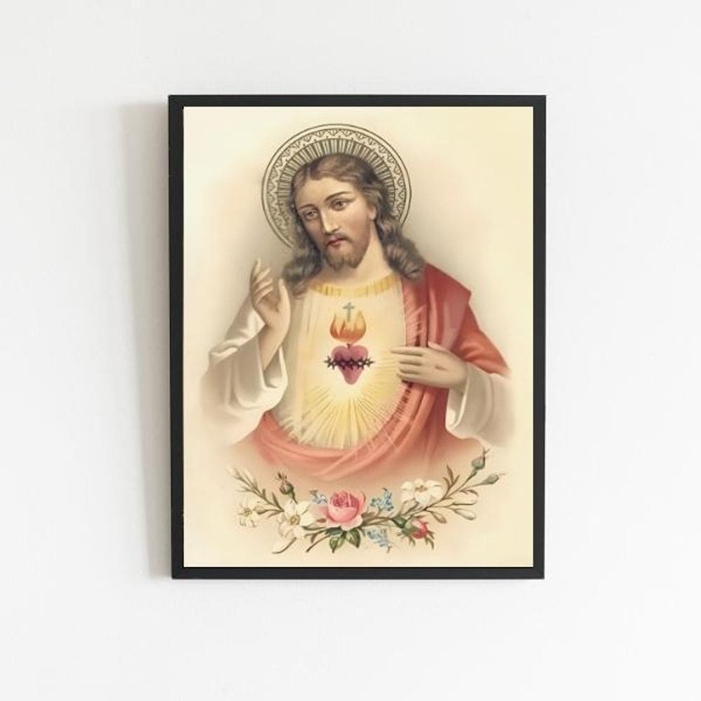 Quadro Sagrado Coração de Jesus - 33x24cm - Vintage Preta