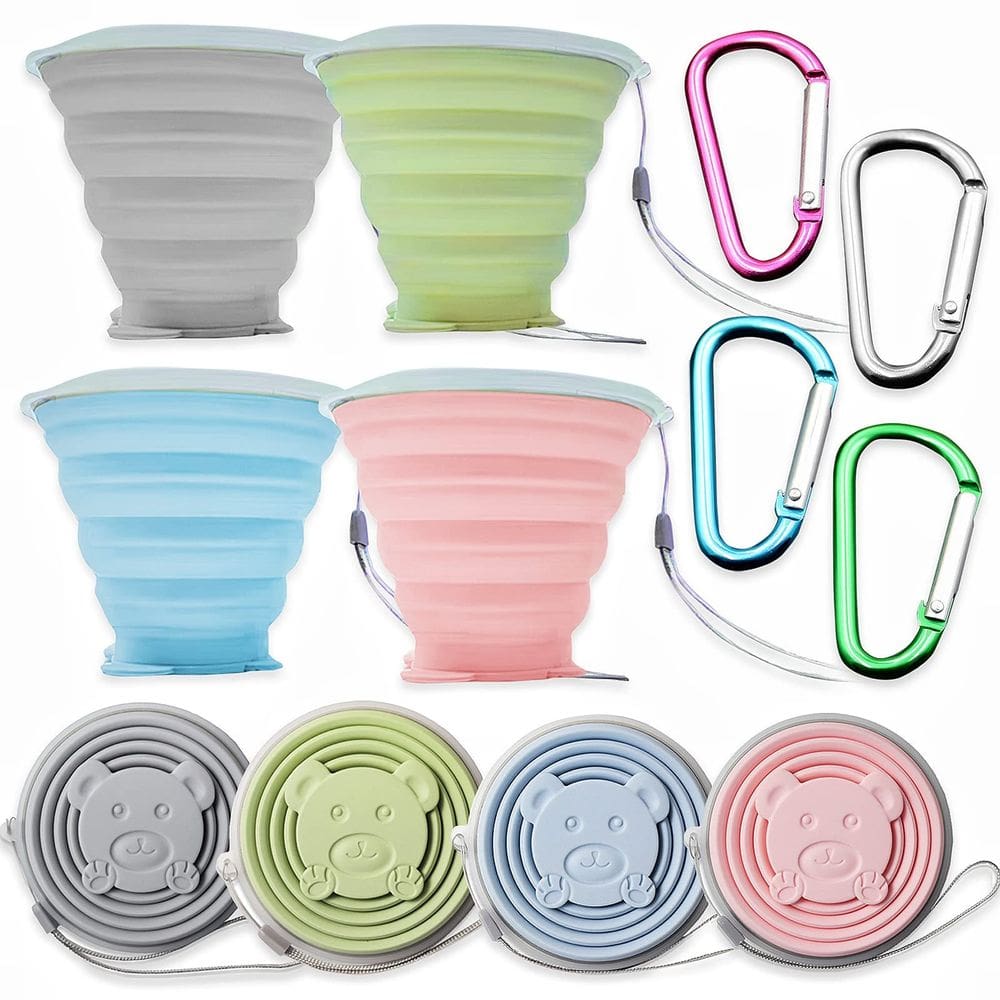 Copo de viagem dobrável MROWCA 270 ml com tampa, 4 unidades com mosquetão