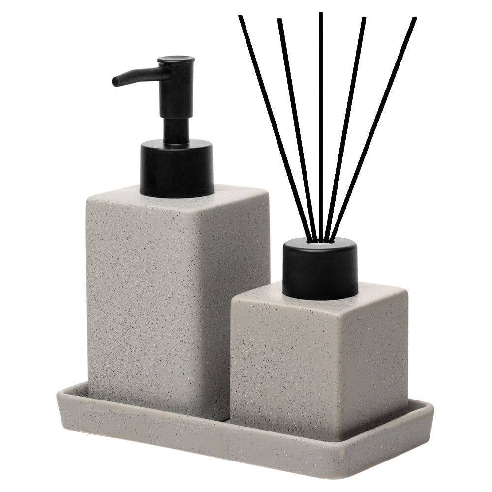 Cj 3 Peças P/Banheiro/Lavabo de Cerâmica C/Porta Sabonete/Difusor e Bandeja Quadratto Cinza Lyor