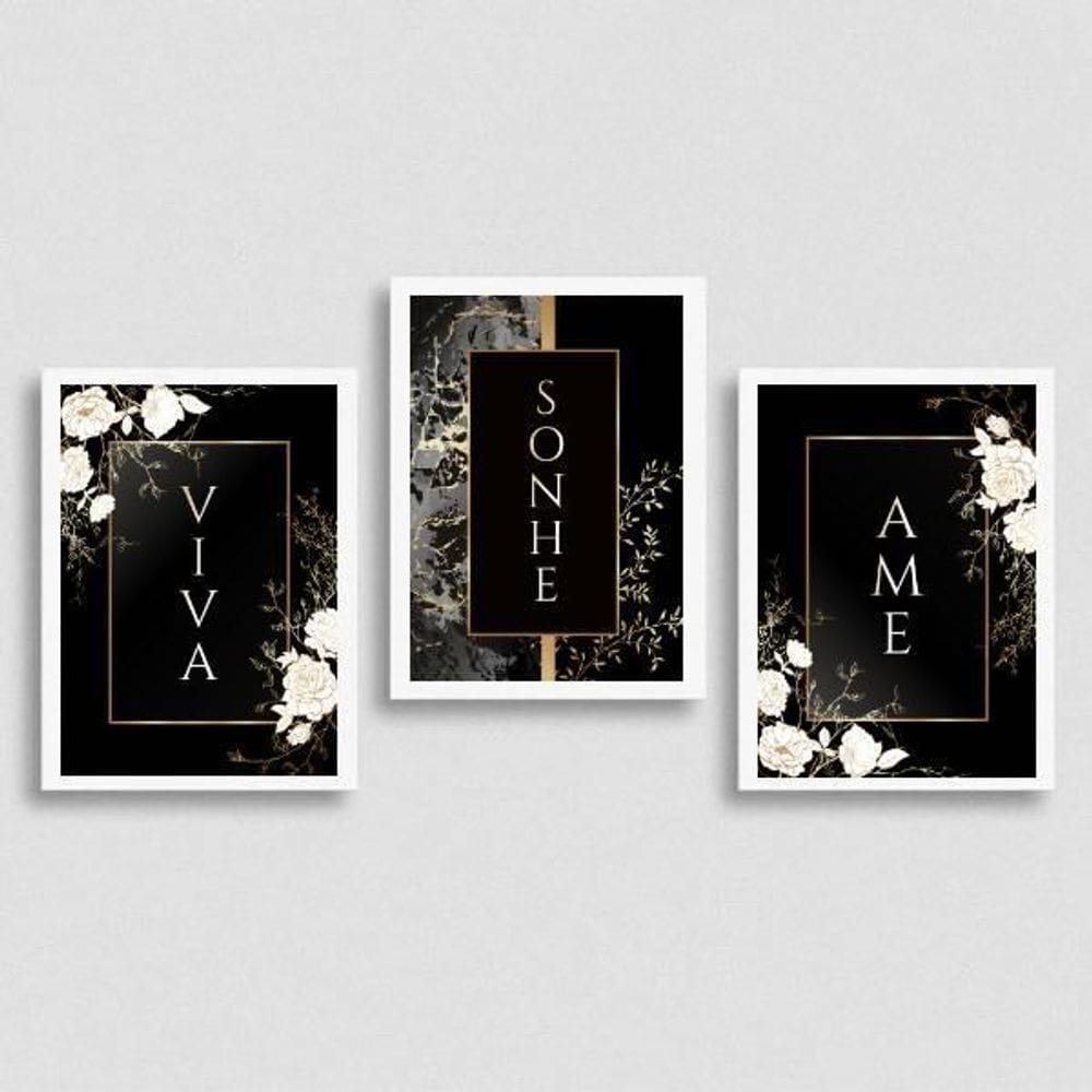 Quadros Viva, Sonhe, Ame - Preto 45x34cm - com Vidro