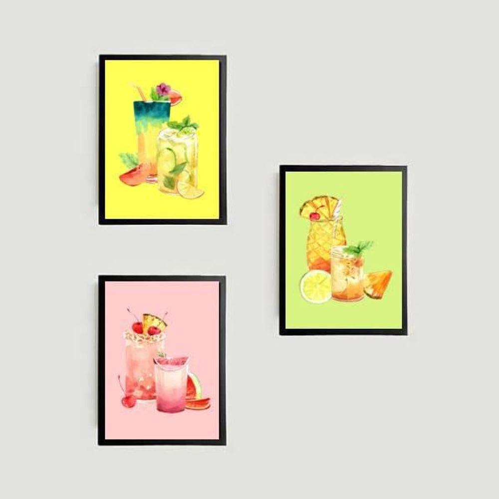 Kit 3 Quadros Sucos Naturais 24x18cm Madeira Preta