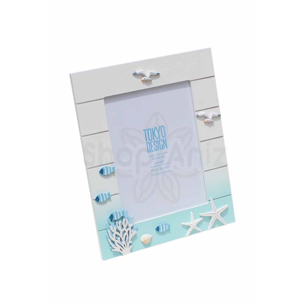 Porta Retrato em Madeira Foto 15x20 Maritimo Estrelas Peixes