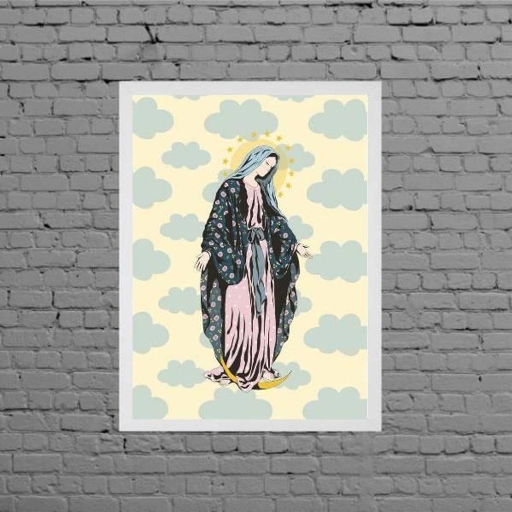 Quadro Nossa Senhora Nuvens 45X34Cm Vidro Moldura Branca