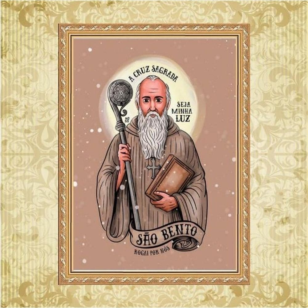 Quadro Moldura Dourada São Bento Cruz Sagrada 24X18Cm