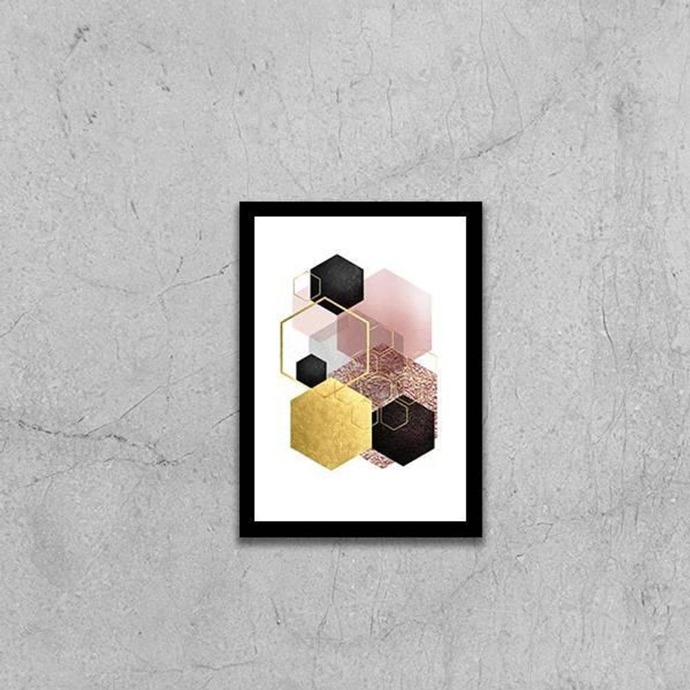 Quadro Geométrico Hexágonos Preto E Dourado 33X24Cm Preta