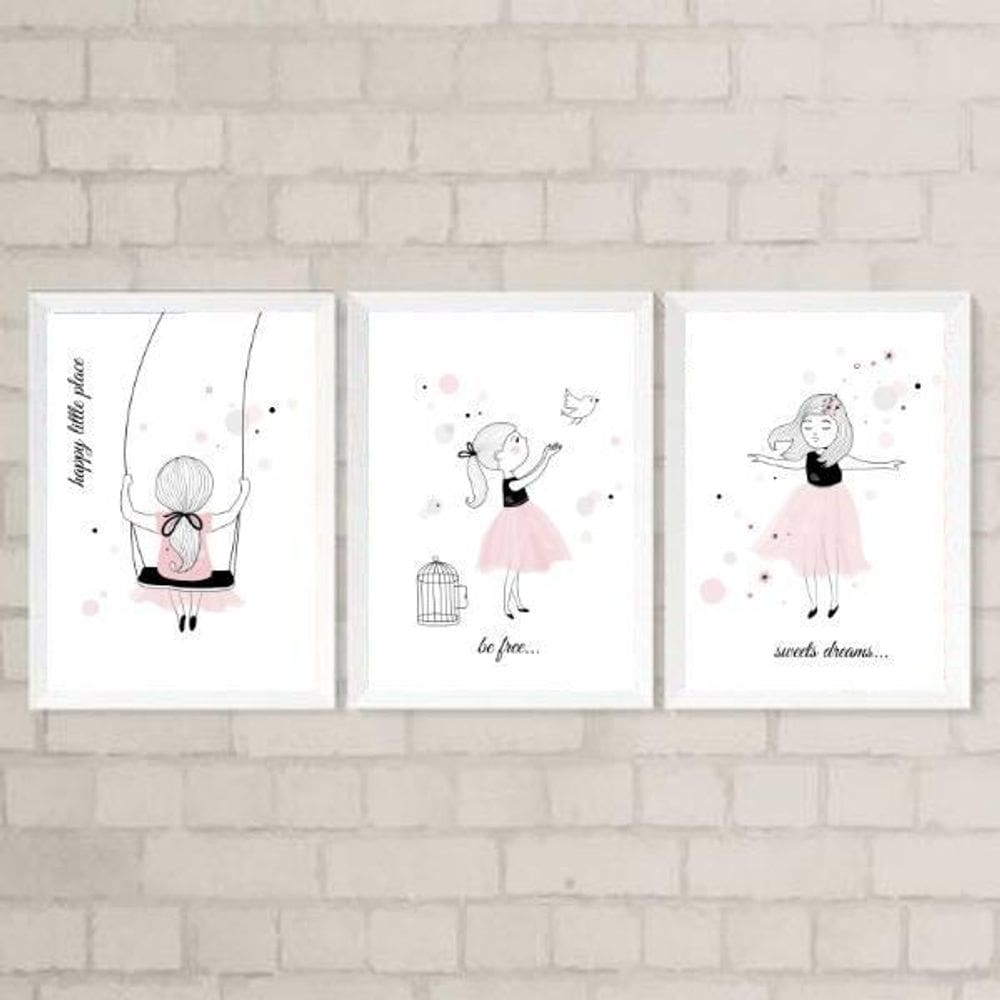 Kit 3 Quadros Menina, Balanço Pássaro 24X18Cm Moldura Branca