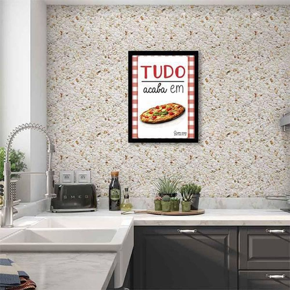 Quadro Decorativo Tudo Acaba Em Pizza 45x34Cm Moldura Preta