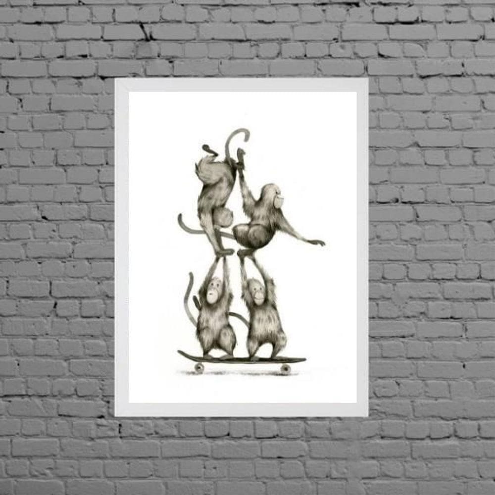 Quadro Macaquinhos No Skate 33X24Cm Moldura Branca