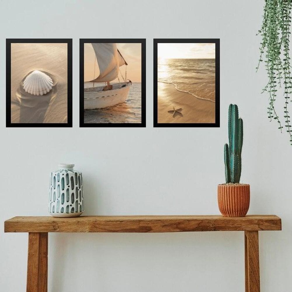 Kit 3 Quadros Gravuras Praia Bege Barco E Conchas 45X34Cm