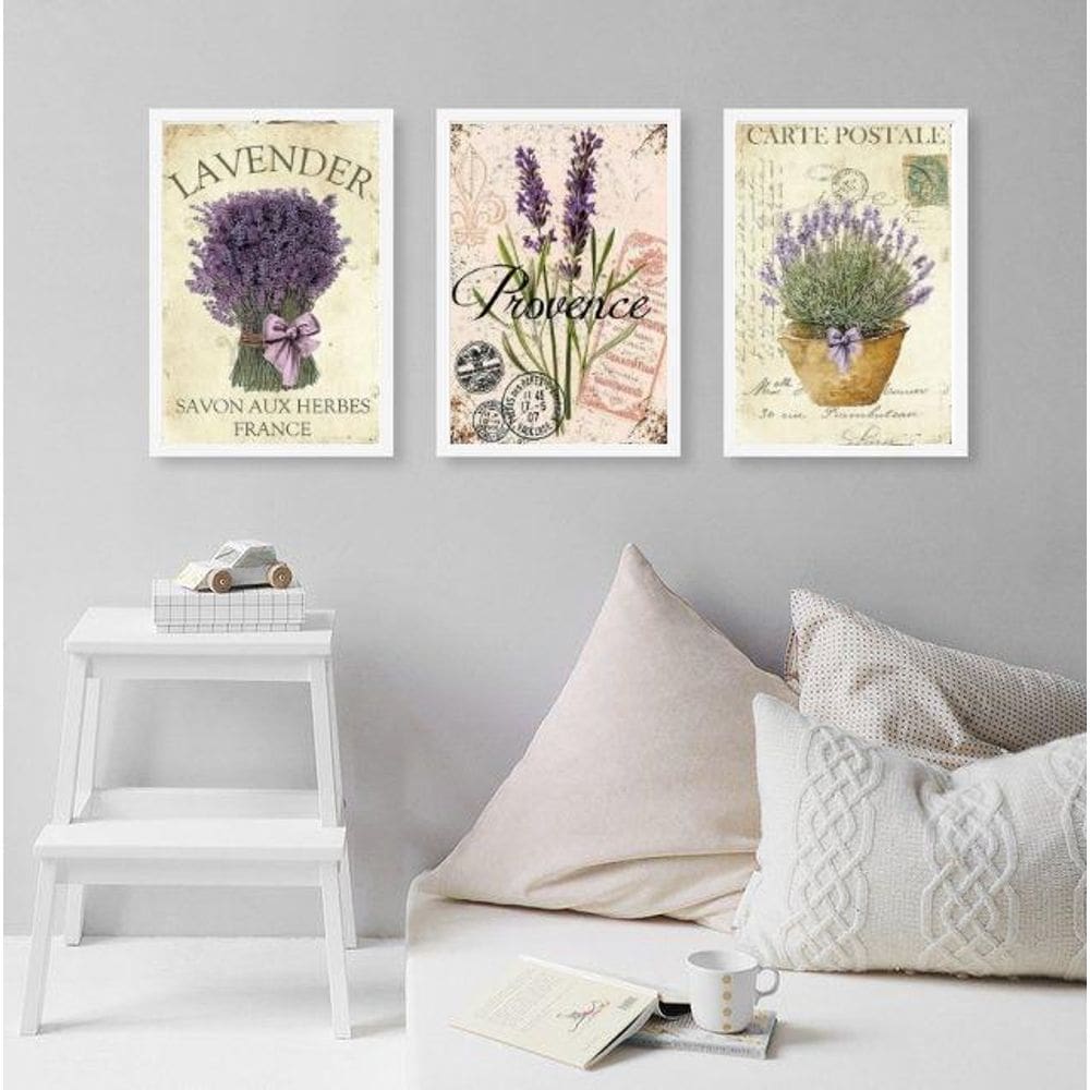 Kit 3 Quadros Lavanda Provence 45x34cm - Vidro e Moldura Branca
