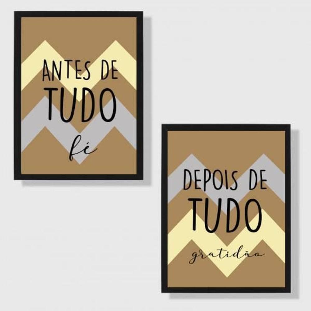 Kit 2 Quadros Fé E Gratidão Chevron Azul 45X34 Moldura Preta