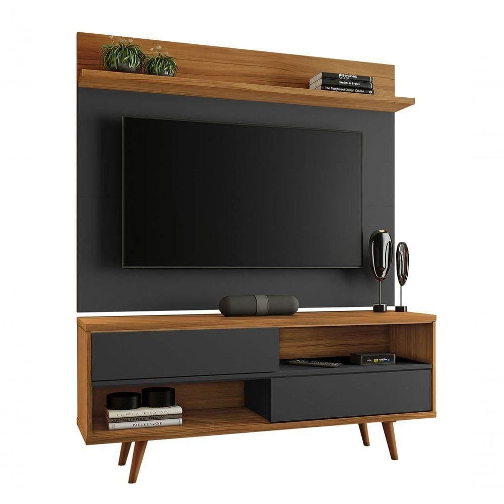 Rack Com Painel Assimério Preto Com Freijó - Moveisaqui