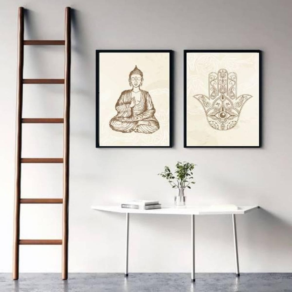 Kit 2 Quadros Esotéricos Buda E Hamsa 33X24Cm - Preta