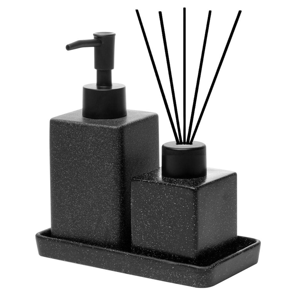 Cj 3 Peças P/Banheiro/Lavabo de Cerâmica C/Porta Sabonete/Difusor e Bandeja Quadratto Preto Lyor