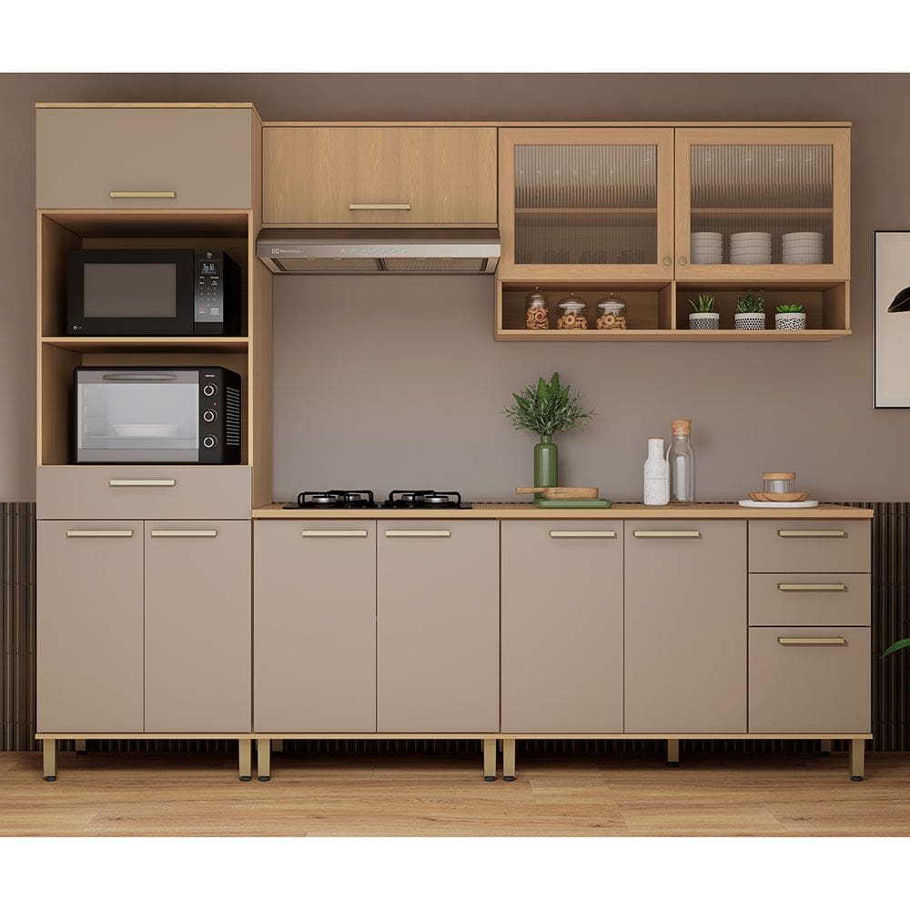 Cozinha Compacta 100 MDF 5 Peças Com Tampo e Espaço Forno e Micro-ondas 270cm Duna Luciane Móveis