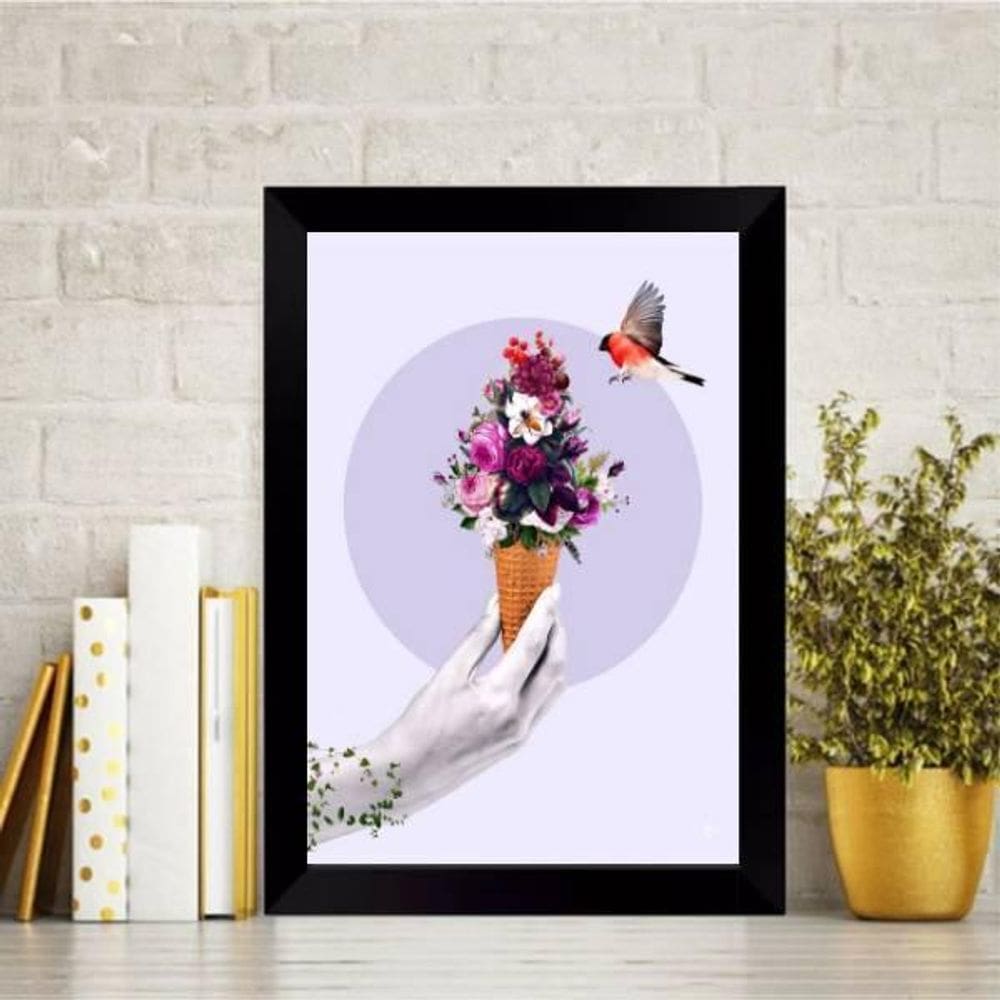 Quadro Decorativo Sorvete Com Flores 33X24 Com Vidro - Preta