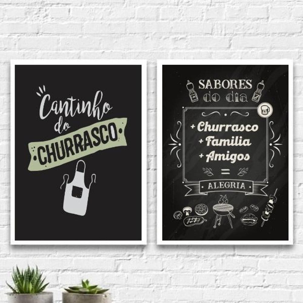 Kit 2 Quadros Cantinho Churrasco 33X24Cm - Com Vidro Branca