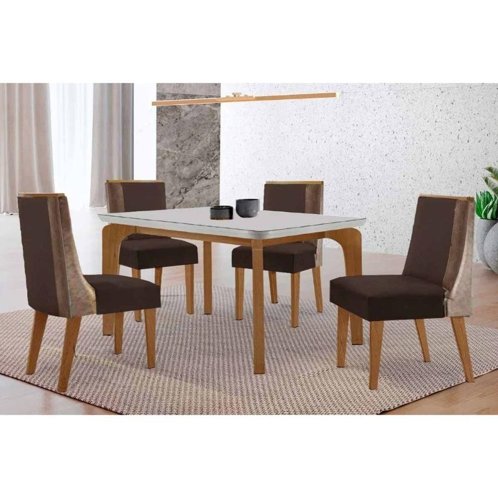 Conjunto: Mesa de Cozinha Londrina Tampo c/ Vidro Curvo 120cm 4 Cadeiras Tilia Madeira Naturale/Off White - Capuccino/Suede Marrom - Rufato