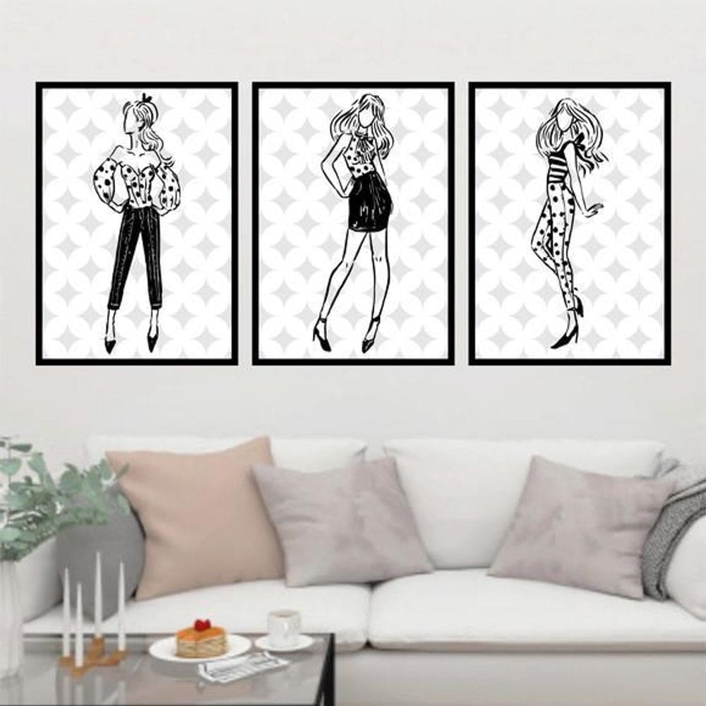 Kit 3 Quadros Moda Modelos Looks 60X40Cm Moldura Preta