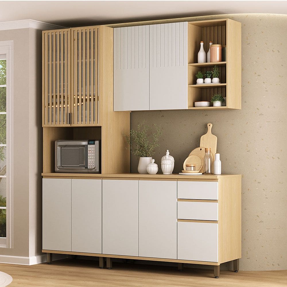 Cozinha Compacta 100 MDF 3 Peças com Espaço para Micro-ondas e Tampo 190cm Aura Luciane Móveis