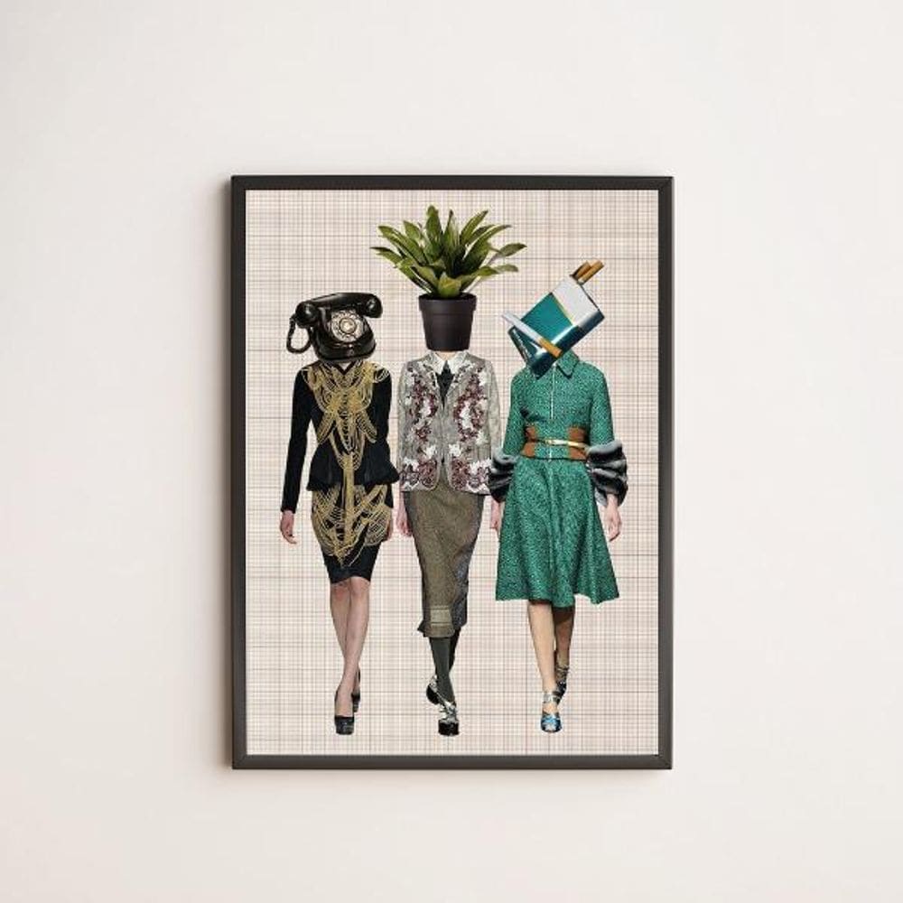 Quadro Estilo Colagem Mulheres Retrô 24X18Cm Preto