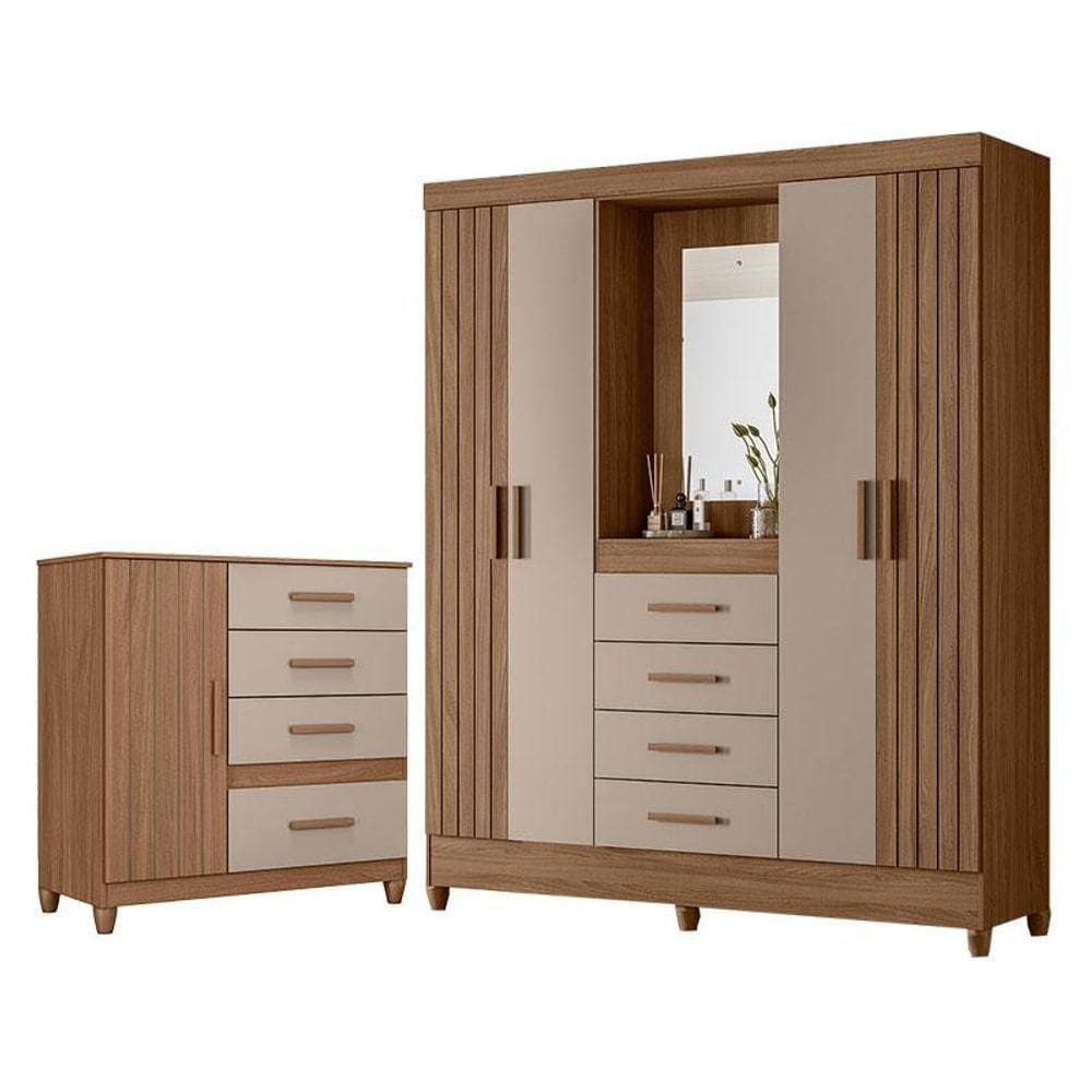 Guarda Roupa Solteiro Com Espelho Atenas E Cômoda Vênus Com Pés Carvalho Fendi - Moval