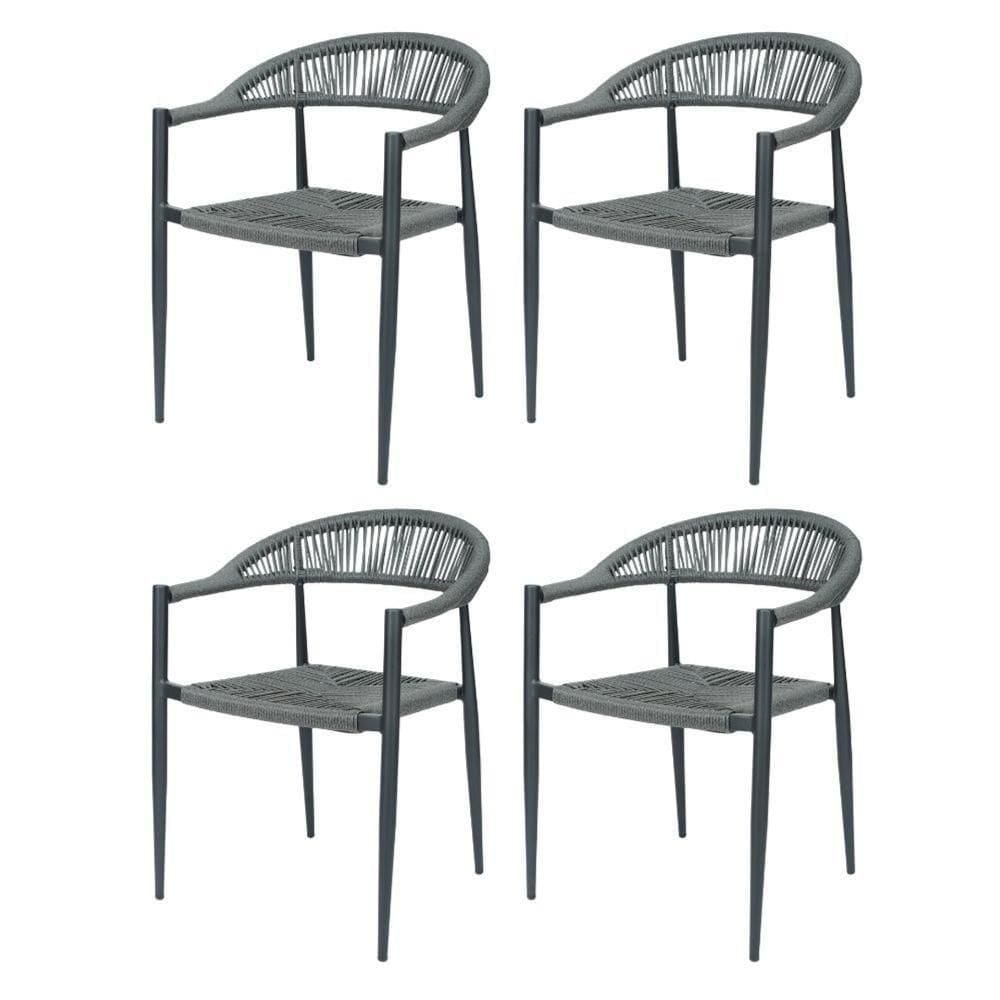 Kit 4 Cadeiras Empilhável Laguna Trancoso Fratini Aluminio Preto Assento Trama Corda Náutica Preto