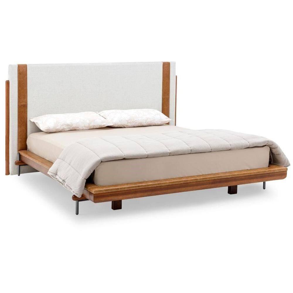 Cama De Casal Mh-6016 Herval Estofado Casal Colchão 138 Cm Madeira Maciça Off White Detalhe Marrom B