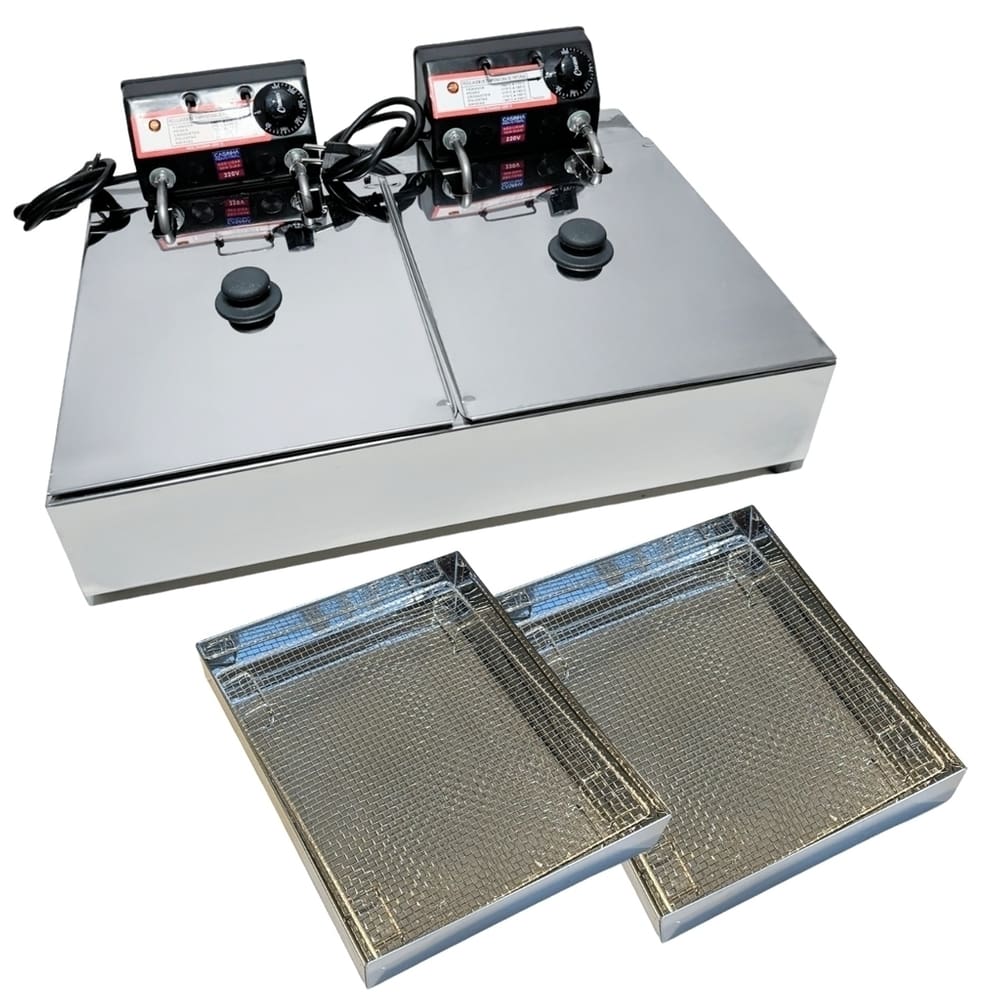 Fritadeira Elétrica Industrial 2 Cubas Antichamas 110V Com Tampa E 2 Escorredores M