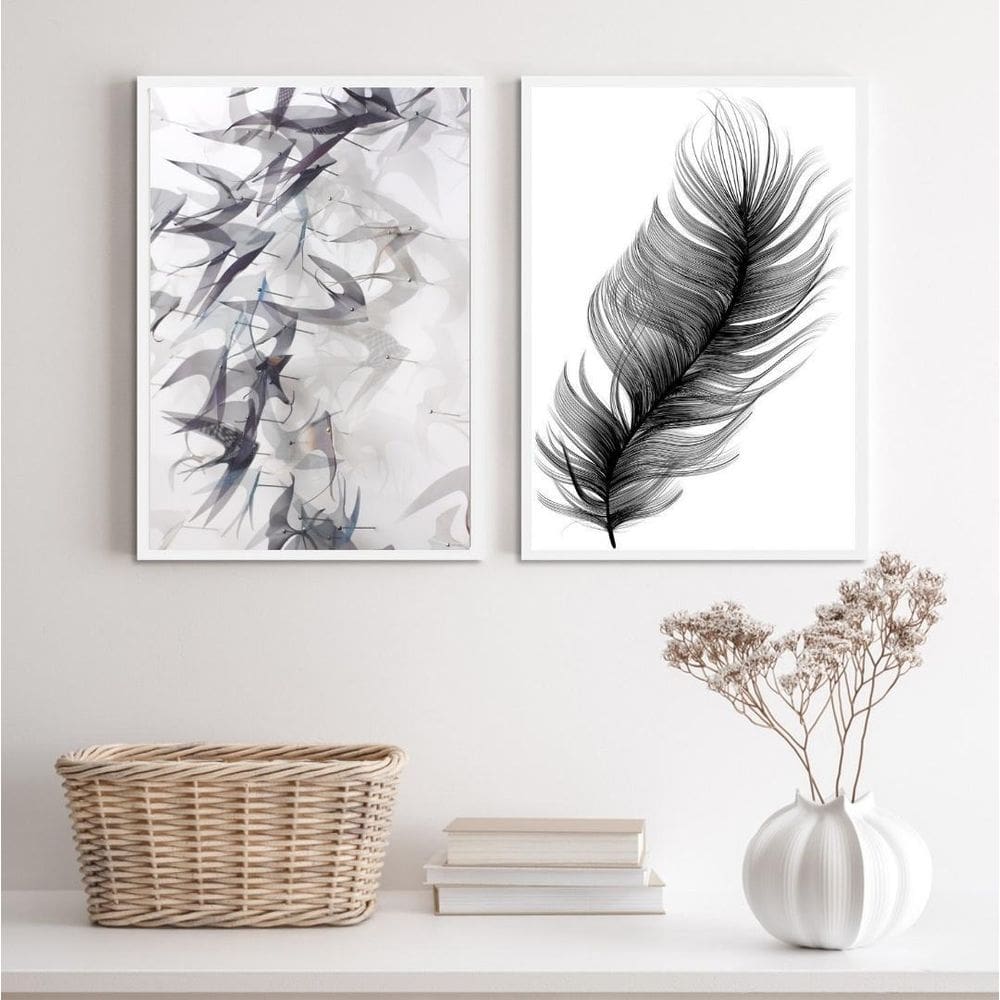 Quadros Minimalistas Pena e Andorinhas - 45x34cm - Branco