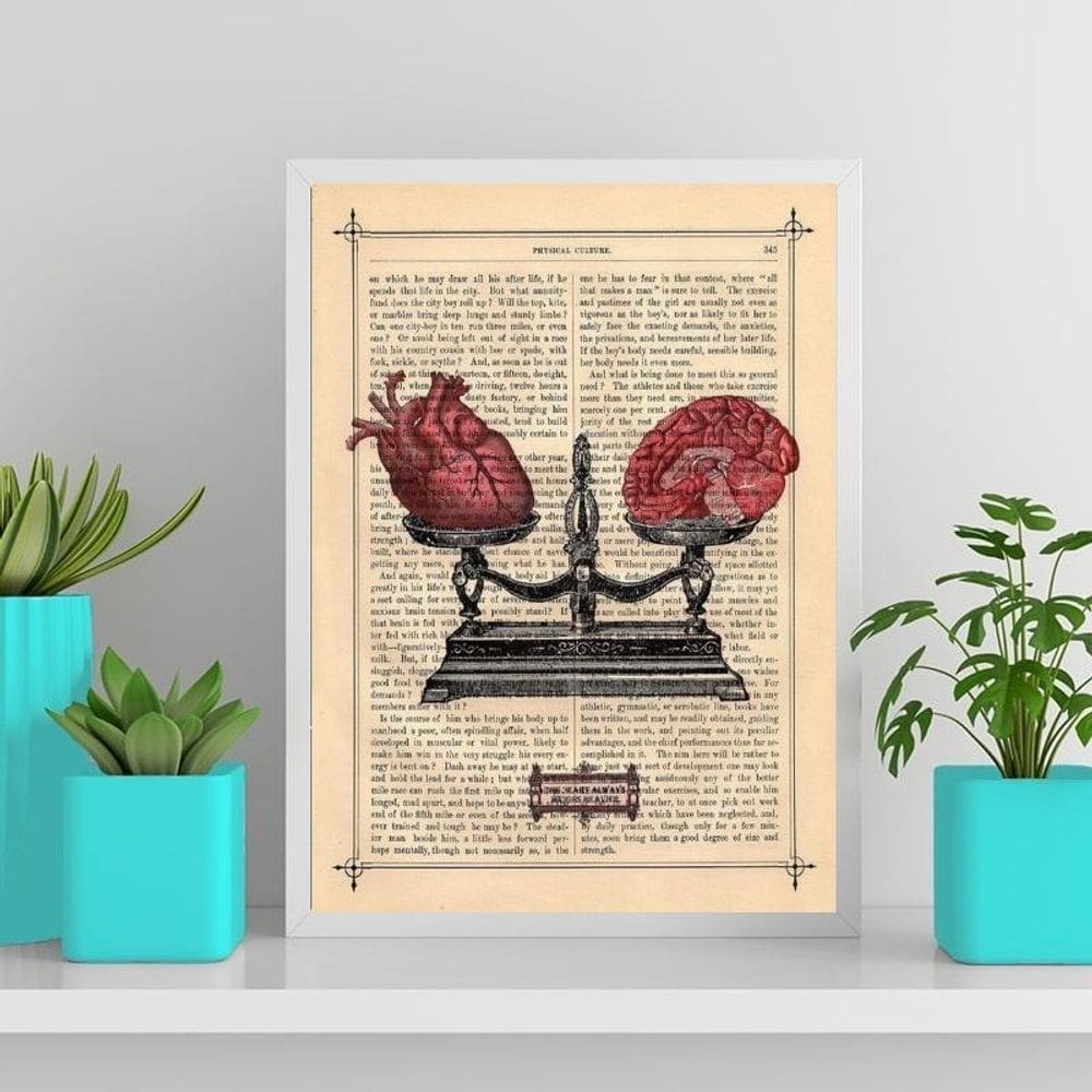 Quadro Coração E Cerebro Na Balança 45X34Cm - Madeira Branca