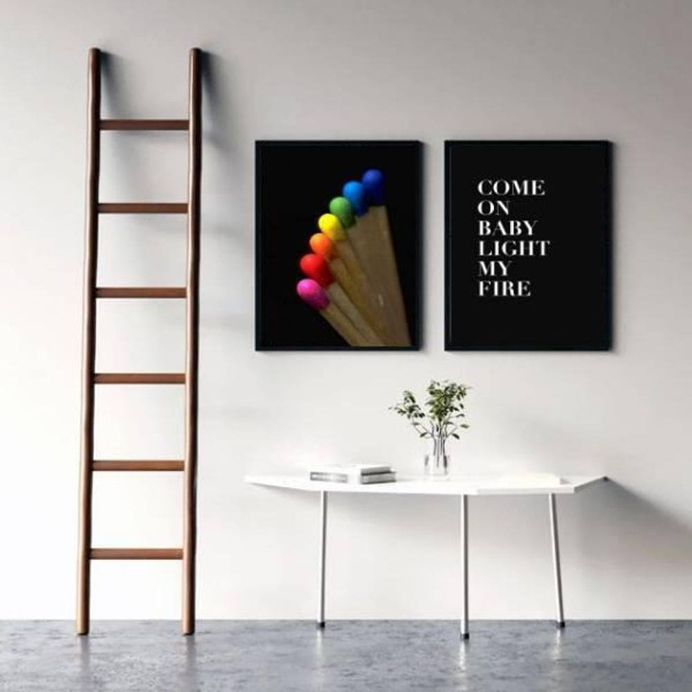 Kit 2 Quadros Come On Baby Light My Fire 45X34 Moldura Preta